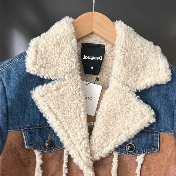 Desigual Daniela Sherpa Lined Denim & Faux Suede Patchwork Jacket EU Size 36 NWT - Picture 4 of 16